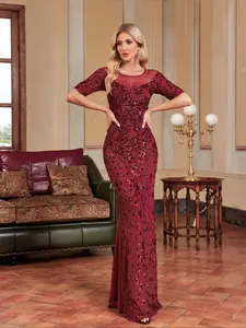 Elegant Sequined Mesh Evening Dress, Fashionable Strap Design, Perfect for Festive Celebrations, Spring & Fall Wear