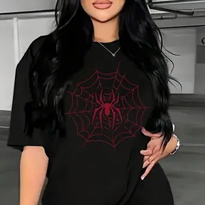 Women's Spider Web Print Round Neck Tee,Casual Short Sleeve for Summer,Fashion Women's Top for Daily Wear,Graphic Tees,Birthday Gifts Streetwear