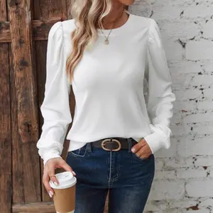 2025 Autumn European and American Round Neck Puff Sleeve Elegant Women's Blouse