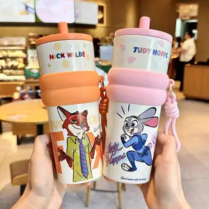 Disney Judy Nick Stitch Straw Insulated Tumbler,24OZ Cute Character Stainless Steel Vacuum Cup,Hot & Cold Drink Bottle with Straw,Leak-Proof Design,Reusable Magic Gift,Holiday Gift,Birthday Gift,Valentine's Day Gift(1pc)