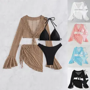 Women Long Sleeved Beach Skirt Bikini Four Piece Set
