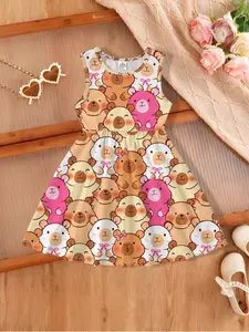 Cute Cartoon Capybara Print Sleeveless Dress for Girls 4-8y, Summer Breathable Casual Dress, Perfect Gift for Valentine's Day, Pleated Dress, Sleeveless Tank Dress