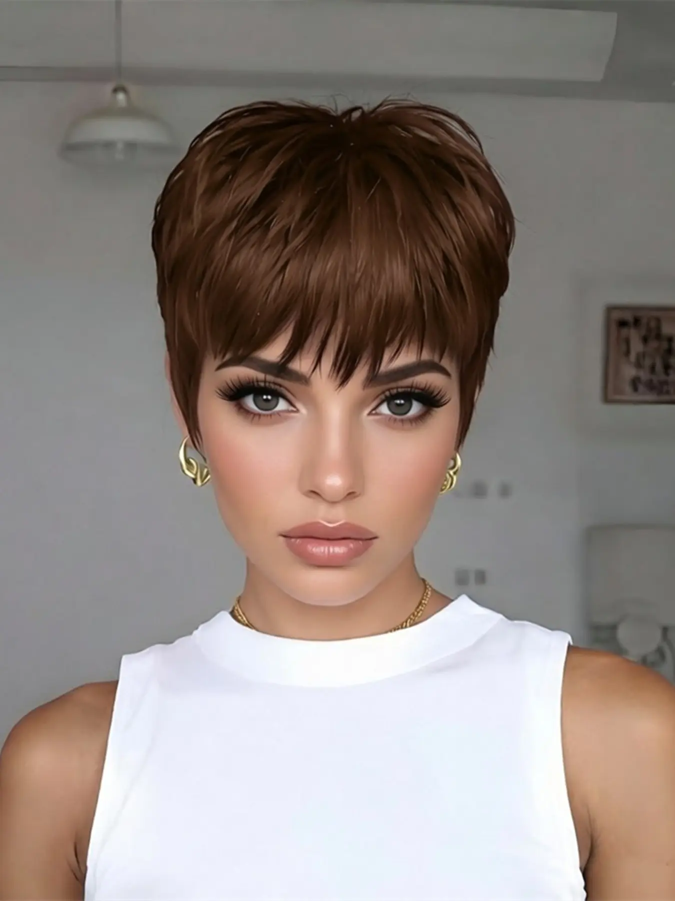 brown color  Pixie Cut Glueless Human Hair Wig, Short Straight, Machine Made, Daily Party Use, Stylish Gift Wig for Women pixie wig Machine Made Wigs