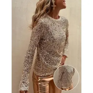 Prosperity Strictly Selected Women’s Sequined Tops – Elegant Gold Crew Neck with Sparkling Dots, Long Sleeve, Apricot Shirt (Women’s Wear)