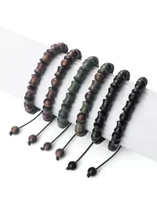 Adjustable Bamboo Beaded Bracelet, Rosewood Woven Yoga Jewelry Gift, Unisex Vintage Style, Perfect for Men and Women