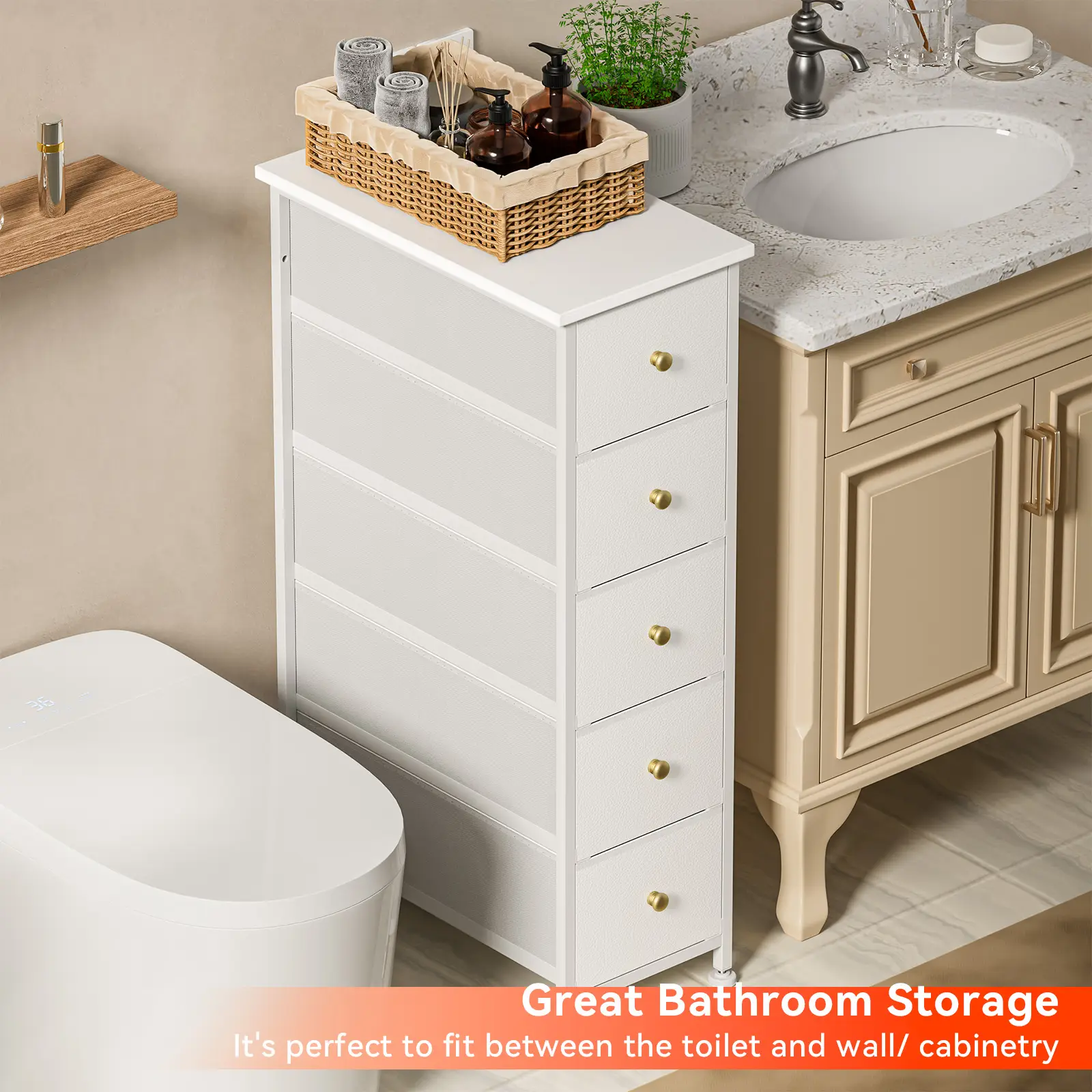Slim White Storage Tower with 5 Drawers, Wear-Resistant Dresser Chest, Multi-Functional Narrow Cabinet with Steel Frame, Wood Top & Gold Knobs, Ideal