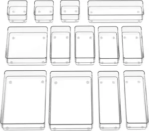 SMARTAKE 13-Piece Drawer Organizer with Non-Slip Silicone Pads, 5-Size Desk Drawer Organizer Trays Storage Tray for Makeup, Jewelries, Utensils in Bedroom Dresser, Office and Kitchen (Clear)