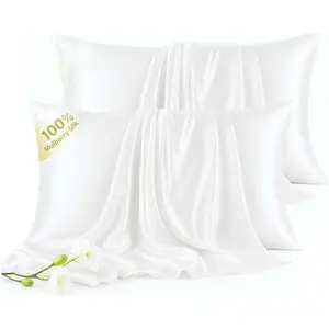 100% Mulberry Silk Pillow 2 Pack for Hair & Skin, 6A Hypoallergenic Pillowcases with Hidden Zipper, Anti-Aging Anti-Frizz, Machine Washable, Luxury Gift(White,Standard)