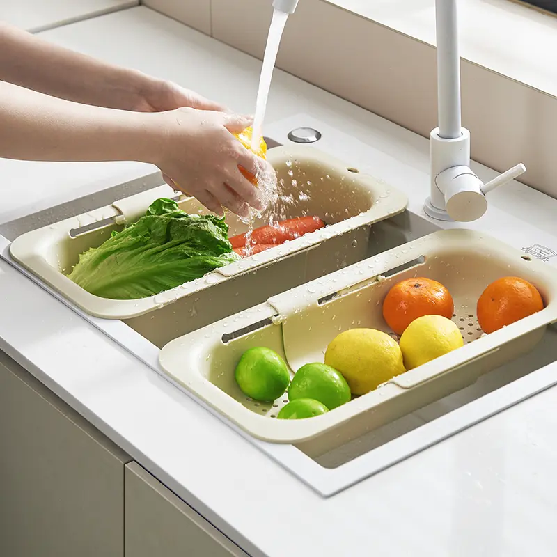 UFORU Collapsible Drain Basket, Kitchen Sink Strainer, Vegetable Wash Basket, Storage Rack, Fruit and Vegetable Drain Basket Utensils Draining, Milky White
