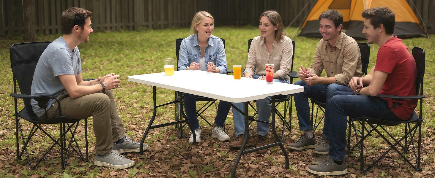 Heavy Duty Portable Folding Table, 7 ft, Indoor & Outdoor, Fold-in-Half Design with Carrying Handle, White | Portable, Heavy Duty, Indoor & Outdoor, with Carrying Handle