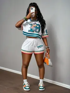 AESS Women's White Summer Two Piece Set Streetwear Racing Style Duck Digital Print Round Neck Short Sleeve Loose T-Shirt Shorts