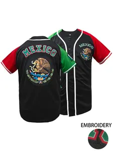 Men's Mexico Baseball Jersey with National Emblem Eagle Embroidery, Embroidered Color Block Sleeve Athletic Jersey, Breathable Short Sleeve Button-Down Shirt for Game Day Streetwear Daily Casual Wear