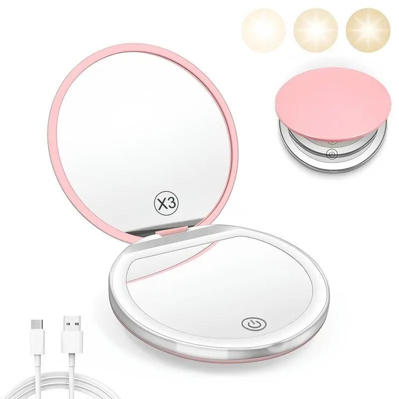 #Summervibes Portable Foldable Makeup Mirror, 1 Count Glam Travel Makeup Mirror with LED Light, Compact Cosmetic Mirror for Women, Pocket Size Makeup Tools, Travel Hand Mirror