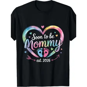 Soon to be Mommy Graphic Tee 2026 - Promoted to Mommy Design with Colorful Heart & Footprint - Maternity Crew Neck Short Sleeve T-Shirt for Expectant Mothers - Smooth Texture Summer Casual Wear Perfect Baby Shower Gift and Pregnancy Announcement
