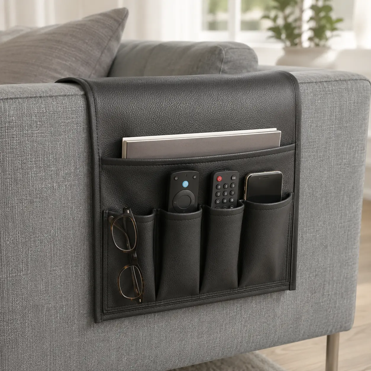 Leather Sofa Armrest Organizer – Black Couch Remote Control Holder with Storage Pockets for Phone, Glasses & Magazines