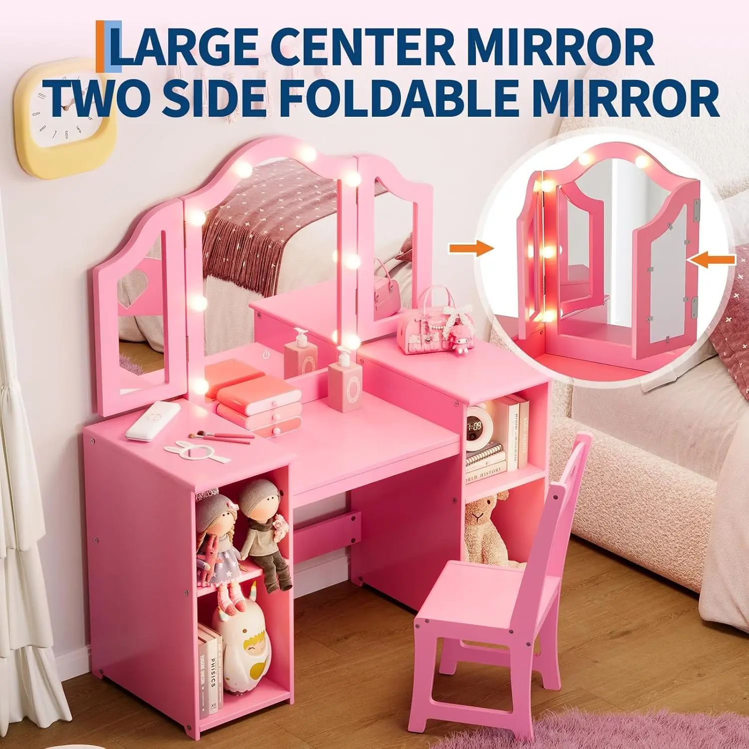 Vanity Table and Chair Set with Lights – Princess Vanity for Girls, Makeup Desk with Jewelry Storage, Adjustable Mirror, and Cushioned Stool, Safe & Sturdy Toddler Vanity Set