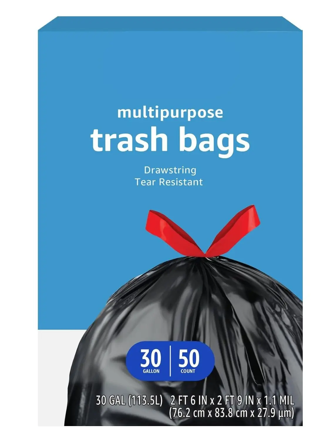 30 Gal Multipurpose Drawstring Trash Bags Pack, Tear-Resistant, 50-Count Home Care Supplies