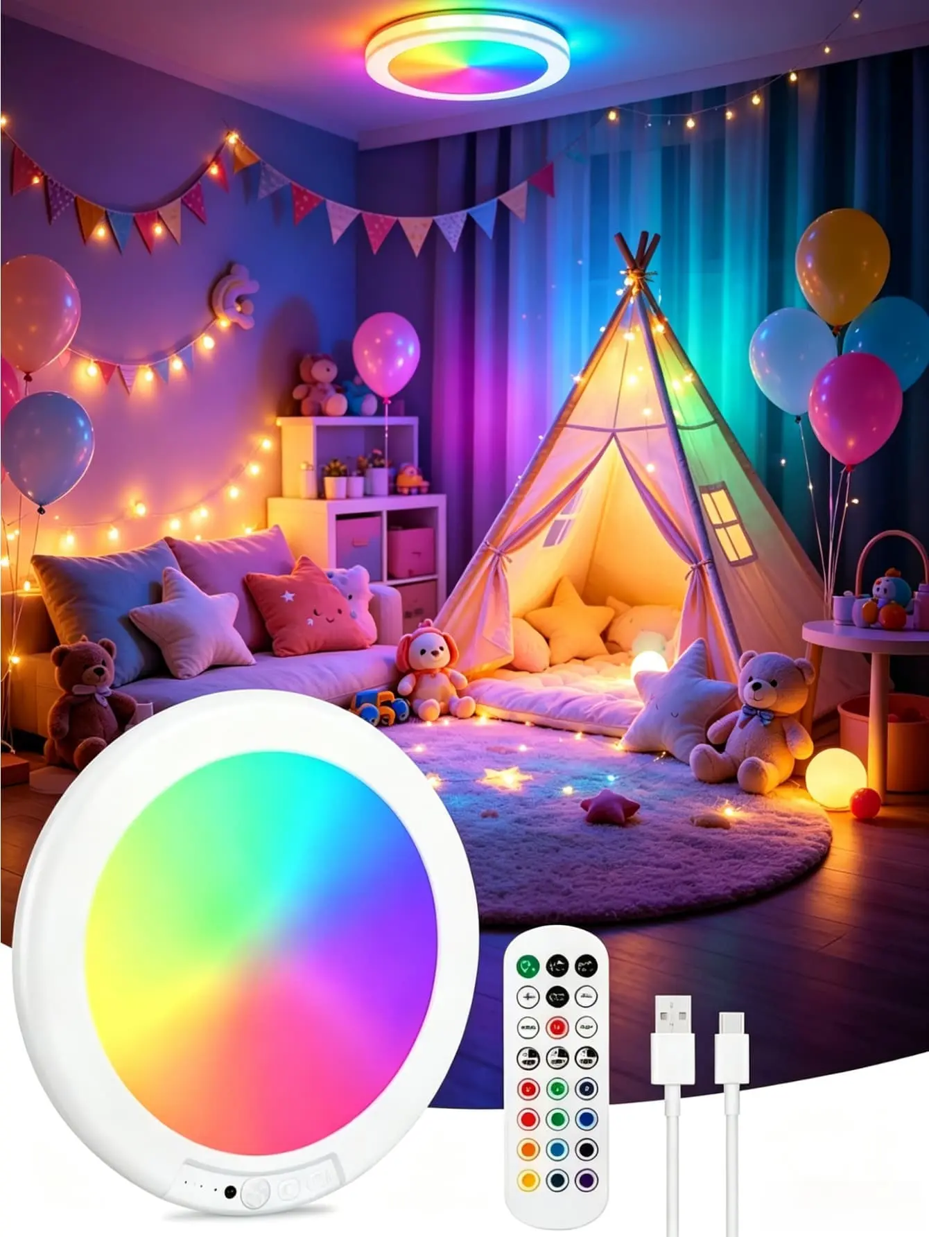 1Pc Vibrant RGB Magnetic Absorb Ceiling Night Light,USB Rechargeable Sensor Cabinet Light w/Remote Control,Dimmable Ambient Mood Lamp,Magnetic Wall‑Ceiling Mount,Ideal Decor Gift for Bathroom,Bedroom,Gaming Room,Indoor Party Home Use