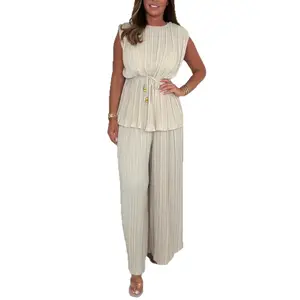 Women's 2025 Sleeveless Solid Color Summer Lounge and Office Outfit Set Round Neck Top with Pleated Straight Leg Pants Halter Neck Tank and Wide-Leg Pants