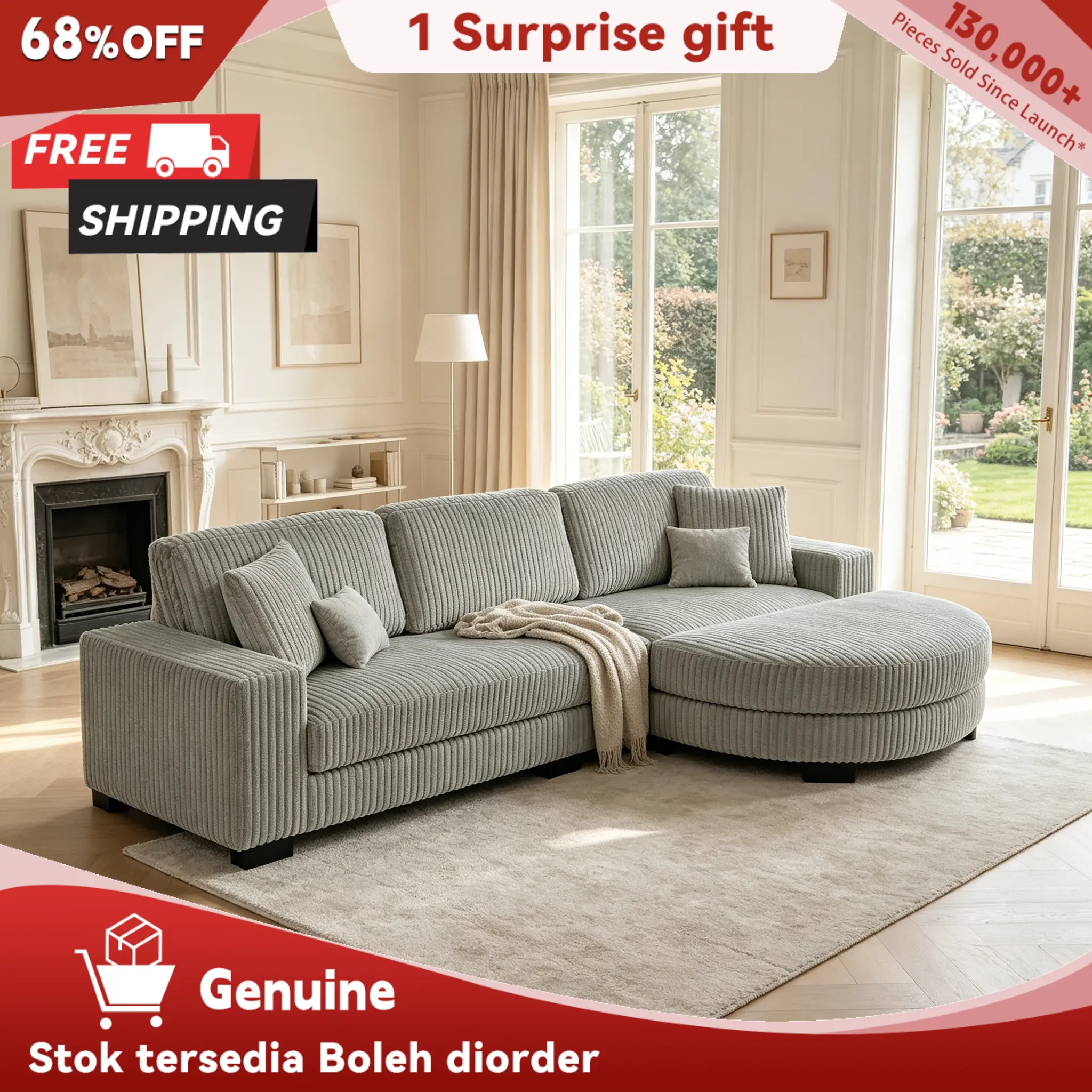 [3Packs Shipped] Niccae Modern L-Shaped Corduroy Upholstery Boneless Sectional Couch - 3-Pack Sofas with Ottoman, 2 Pillows & Convertible Foam Bed Lounger, Couches for Living Room, Living Room Home Office Furniture, Living Room Furniture