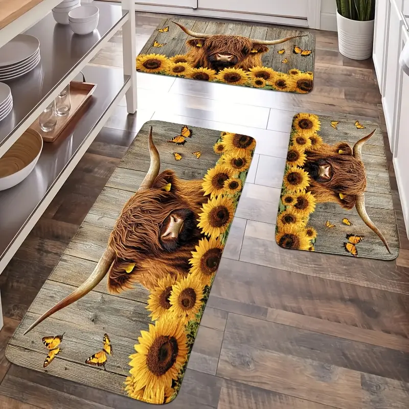 1/2/3pcs Set Of Sunflower Scottish Highland Cattle Kitchen MATS, Decorative Carpets, Anti-slip, Soft, Easy To Clean, Suitable For Bedroom, Living Room, Dining Room Carpets, Entrance Hall Door MATS, Sunmer SLaundry Room Long Rug.