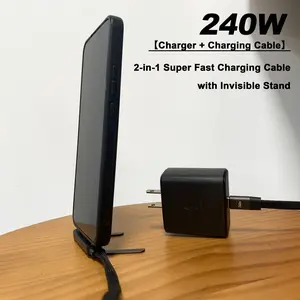 【charger/portable charger】 240 W Fast Charging Type-C Cable with built-in Invisible Phone Stand, 90° Elbow Braided Charging Cord for Gaming, Compatible with iPhone/Samsung/Tablets, Premium Durable Design car use