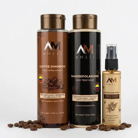 AM AMELI Unisex Organic 3-Piece Based Hair Care Combo - Organic Haircare Shampoo, Amino Acid Conditioner, Rosemary Volumizing Repair, Coffee & Argan Oil Thickening, Anti-Frizz for Dry Weak Locks, 24 Months Shelf Life, Adults' Hair Wash Day Essential