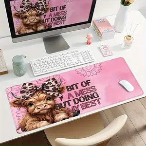 Extra Large Cute Calf Bow & Pink Leopard Print Mouse Pad - Non-Slip Desk with Stitched Edges, Soft Comfortable Computer Pad Suitable for Animal Lovers, Office & PC Gaming Desk