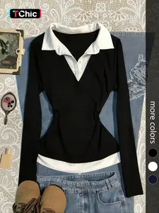 Women's Colorblock patchwork Faux Two-piece Shirt Collar Slim Fit Long Sleeve Top, Simple Comfortable Daily Wear,Versatile Stylish Blouse