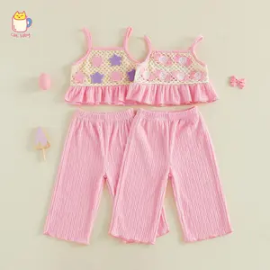 Toddler Girls 2 Piece Outfits Adorable Star Decor Sleeveless Square Neck Crocheted Ruffled Tank Tops And Pants Set