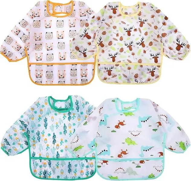 Summer Spring Gift 4 Pack Long Sleeve Bibs, Baby Smock Waterproof Sleeved Bib Smock for Baby Toddler 6-36 Months