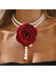 New French retro Baroque rose blossom choker collarbone necklace socialite Xiaoxiang pearl chain