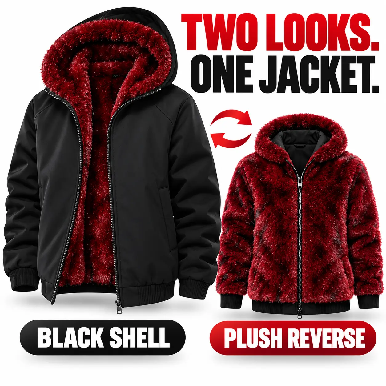 Men's Black+Red Elastic Polyester Reversible Hooded Jacket - Faux Fur Lined Full-Zip Coat with Side Pockets, Casual Fall-Winter Outerwear