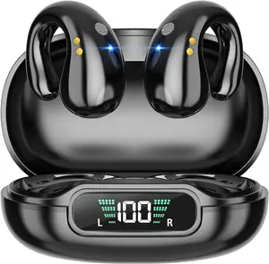 Open Ear Clip on Headphones, Wireless Earbuds Bluetooth 5.3 Sport Earphones Built-in Mic with Ear Hooks 36H Playtime Ear Buds LED Display Charging Case, Bone Conduction Waterproof for Running Fitness