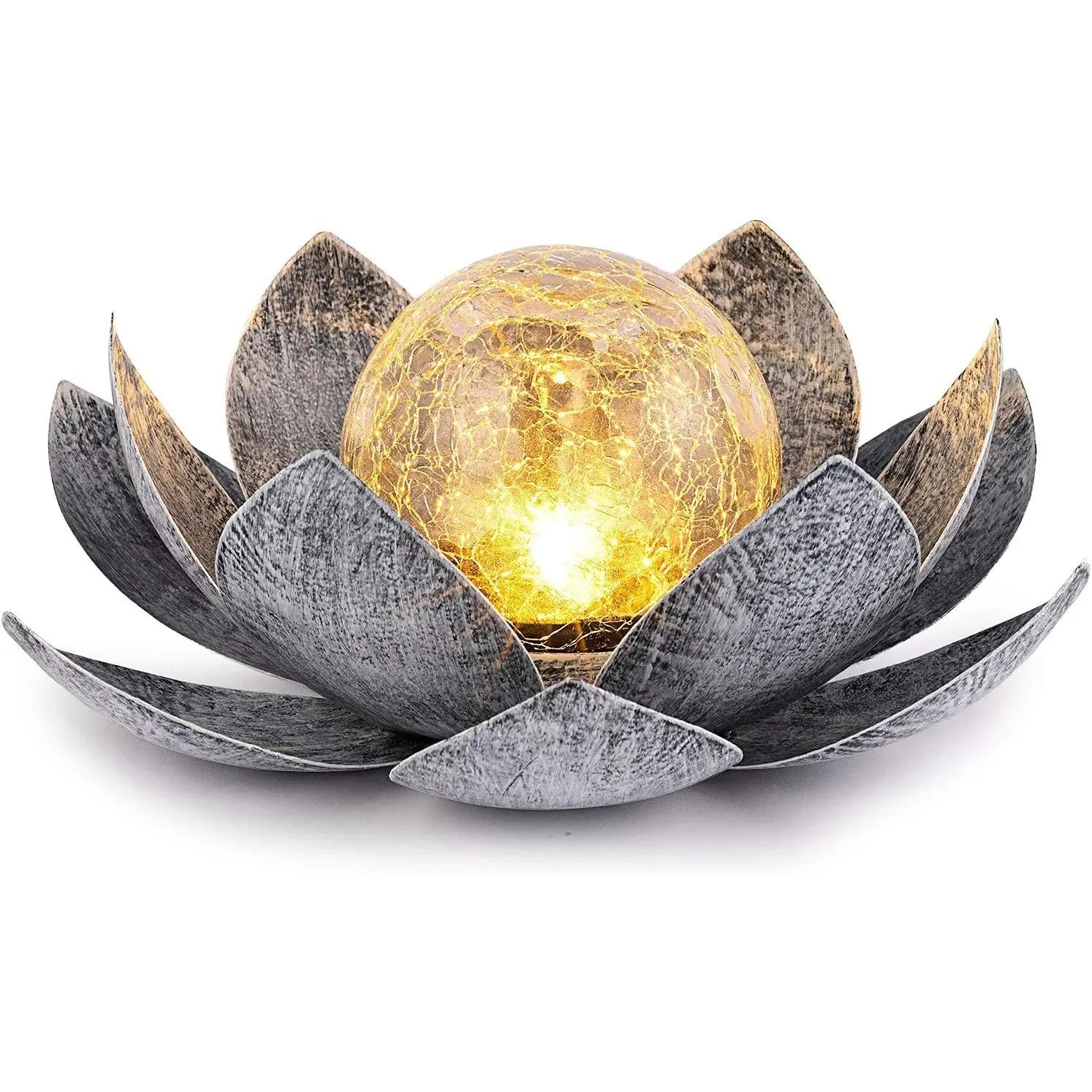Solar Lights Outdoor Garden, Crackle Globe Glass Lotus Decor,  LED Metal Flower Decorations for Patio,Lawn,Walkway,Tabletop,Ground