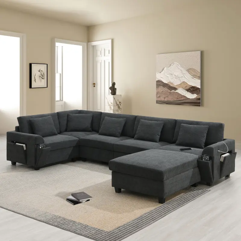 6-Seat U-Shaped Chenille Sectional Sofa Set (128*67*31.5 in, Arm Height 22 in) with Oversized Plastic Ottoman, Hidden Armrest Storage, Cup Holders, USB Charging Ports, Durable Wide Seats, Assembly Required for Living Room, Apartment (2 Colors), Hidden Sto