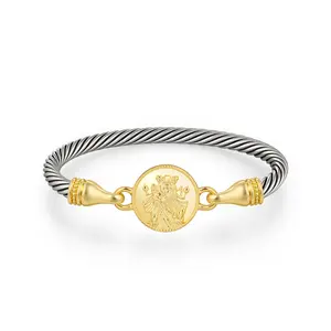 Mytys Two-Tone Twist Bangle Bracelet – Textured Cable Band, Gold Tone Hecate Engraved Coin Charm, Bold Statement Design, Trending Jewelry for Daily Wear/Special Occasions, On-Trend Fashion Accessory