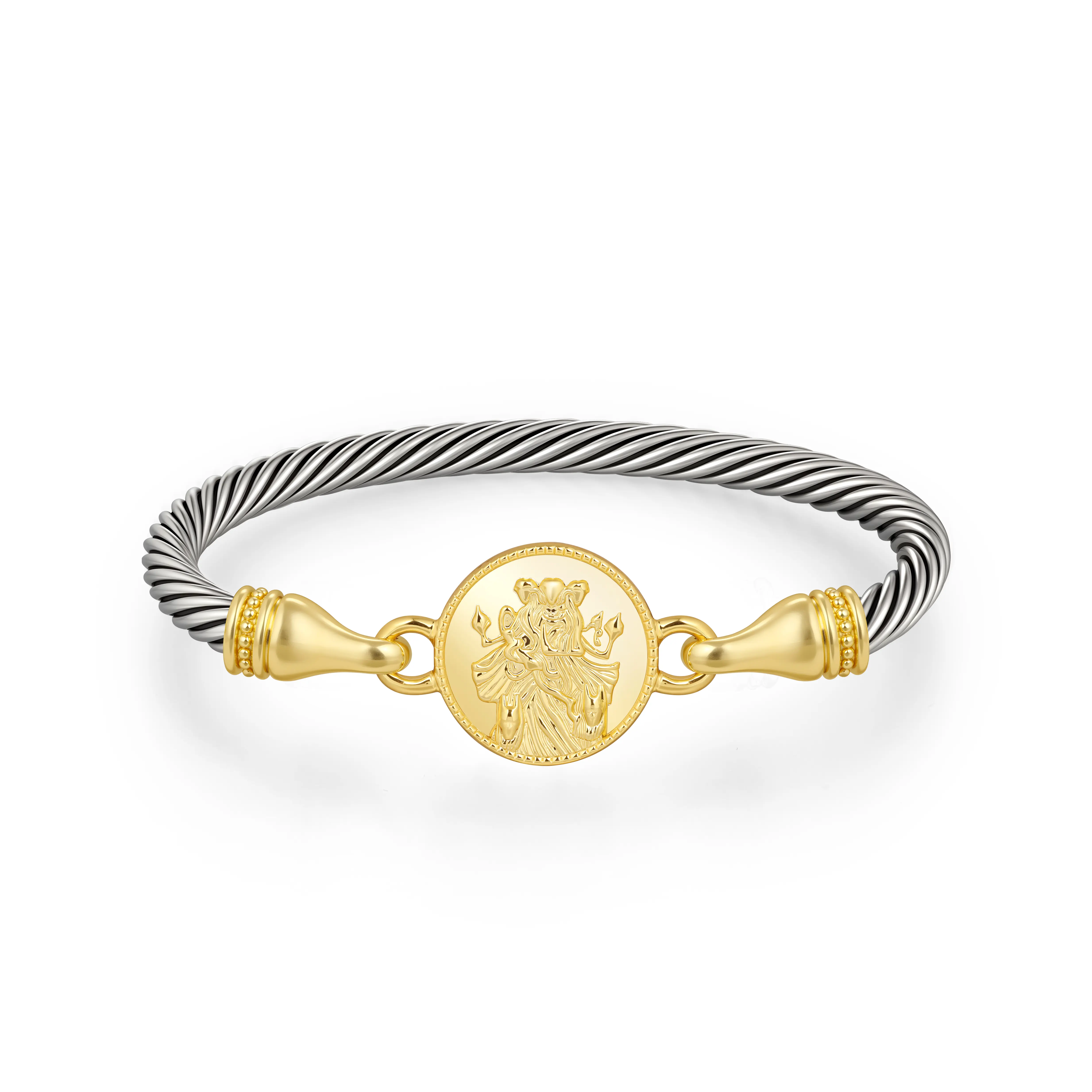 Mytys Two-Tone Twist Bangle Bracelet – Textured Cable Band, Gold Tone Hecate Engraved Coin Charm, Bold Statement Design, Trending Jewelry for Daily Wear/Special Occasions, On-Trend Fashion Accessory