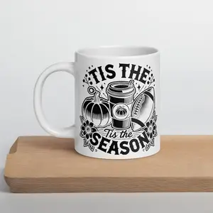 Tis The Season Pumpkin Mug: Fall Leaves Thanksgiving Coffee Cup Coffee - Tea Mugs, Office Mug, Gift Mug - White Mug
