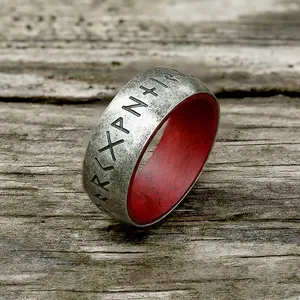 GTHIC Viking Runes  Stainless Steel Wood Band Ring for Men Father's Day Gifts