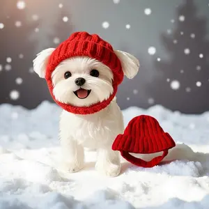 Cute dog knitted hat, new style in red, warm and ear-protecting, soft and machine washable, durable, suitable for small dogs to wear indoors and outdoors, can be used as an accessory