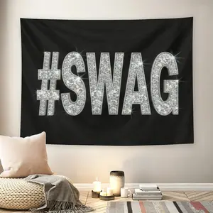#SWAG Diamond Bling Y2K 2000s Wall Flag, Black Background Glitter Text Tapestry, Mid-century Modern Streetwear Style Room Decor for Gen Z Adult Fans, Sparkly Hip Hop Wall Hanging