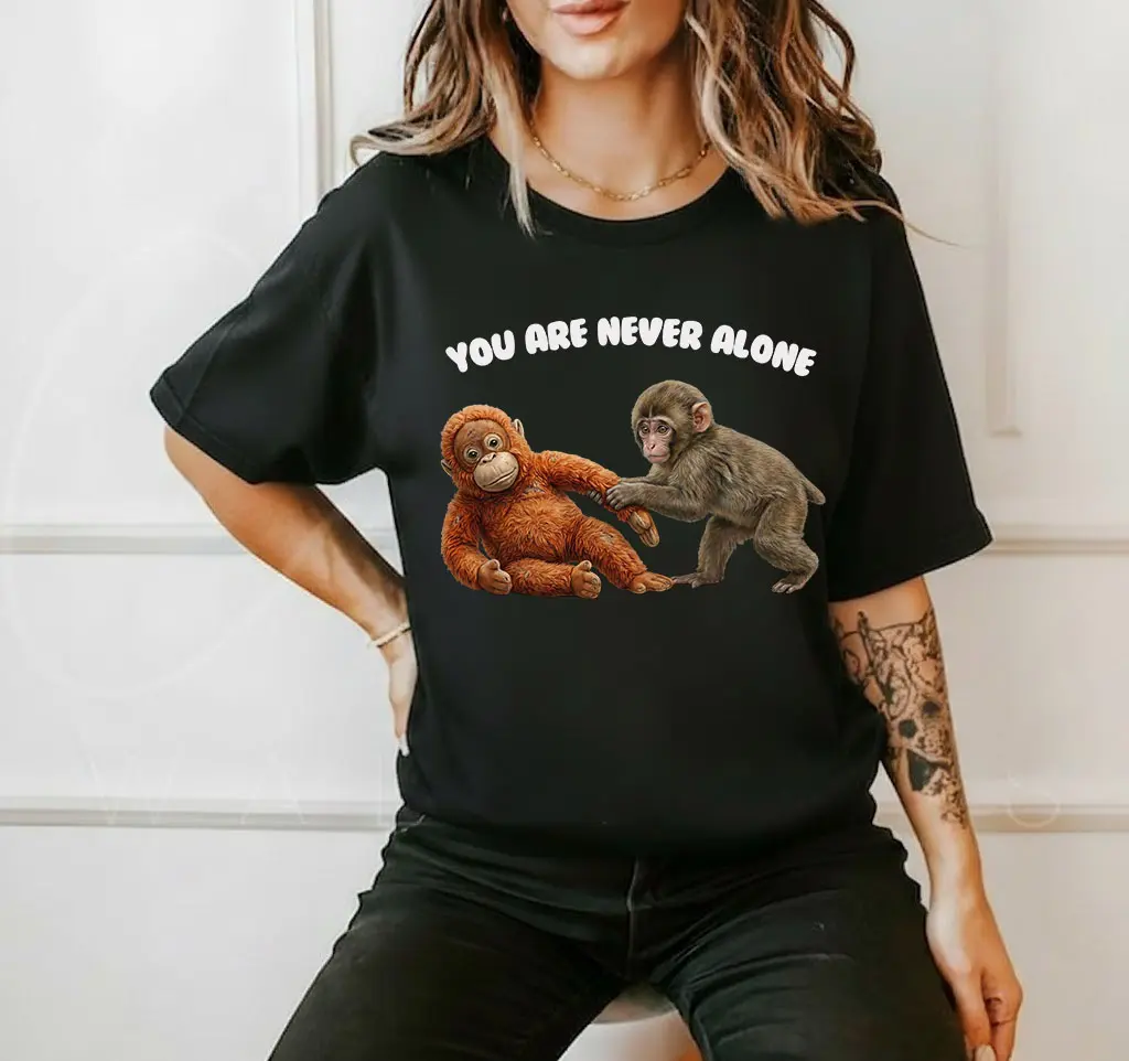 Viral Punch Monkey Shirt, You are never alone shirt, Cute Baby Monkey Hugging Plush Toy Graphic Tee, Emotional Animal Lover Gift, Soft Vintage Washed Unisex T-Shirt, Cozy Aesthetic Monkey Meme Shirt