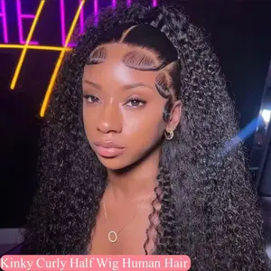 250% Glueless Wigs Human Hair Kinky Curly Headband Wig Upgrade 3 IN 1 Half Wig With Drawstring Seamless Clip Ins Flip Over 100% Unprocessed Brazilian Virgin Hair Natural Hairline Baby Hair Silky Bouncy Free From Shedding Smell Tangling