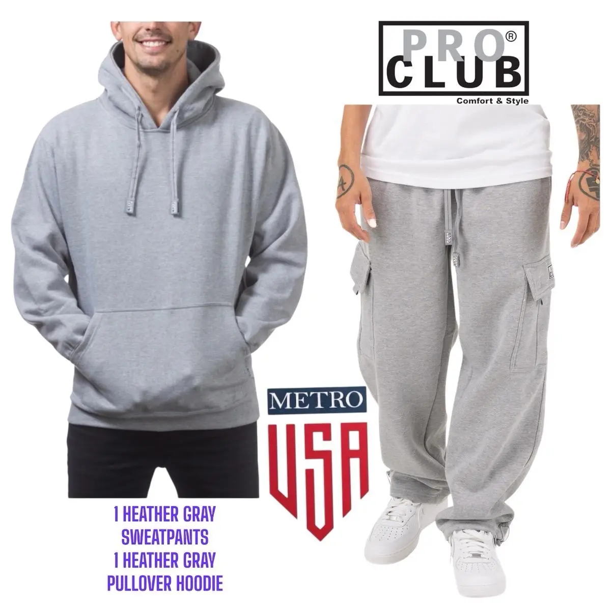 PRO CLUB Cargo Sweatpants & Zipper Hoodie or Pullover Hoodie Combo Set for Men Casual Long Sleeve Plain Beige Suits Clothes Menswear