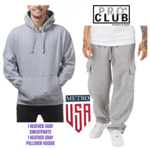 PRO CLUB Cargo Sweatpants & Zipper Hoodie or Pullover Hoodie Combo Set for Men Casual Long Sleeve Plain Beige Suits Clothes Menswear
