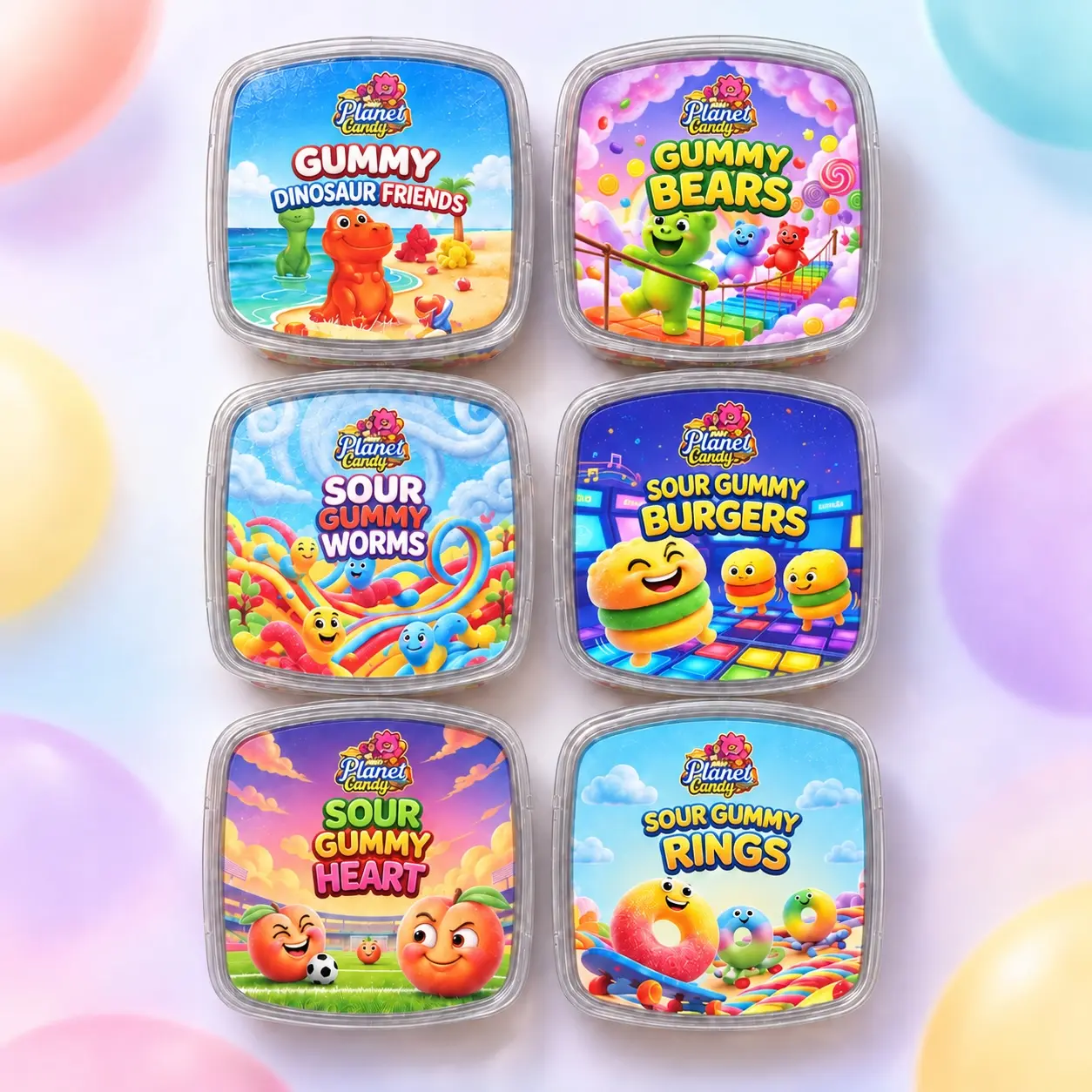 Fun Planet Assorted Sour Bonbon Gummy Candy 6-Pack - 6 Flavors, 75g Each, Halal Certified Fruit Chewy Snack