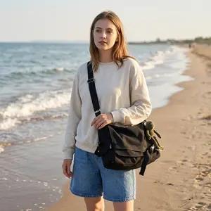 Women's and Men's Fashionable Zipper Canvas Shoulder Bag Solid Color Large Capacity Satchel Flap Messenger Bag with Side Pockets for Work & Shopping