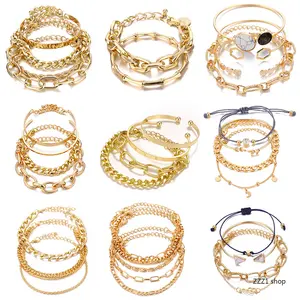 Women's Sporty Sports Wristbands Gold Chain Bracelet Set - Trendy Stackable Chunky Cuban, Aesthetic Bamboo Joint Engraved Cuff, Marble Hexagon Moon Star Charm Multi-Style Jewelry Gift