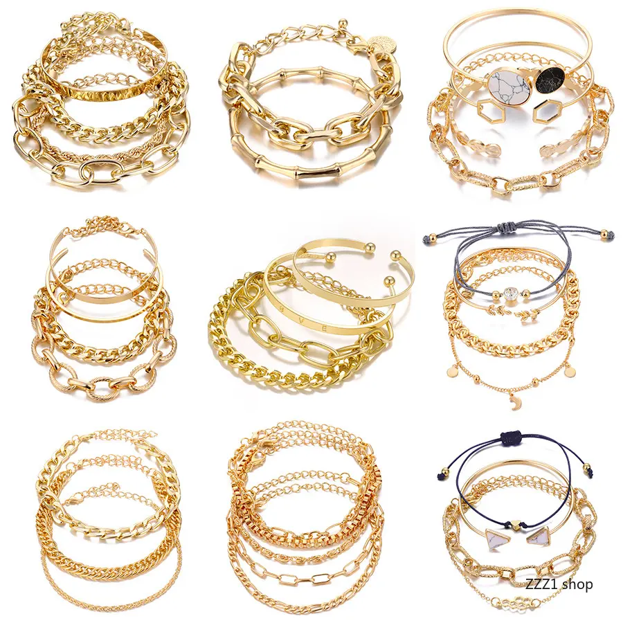 Women's Elegant Sport Wristbands & Gold Cuban Chain Bracelets Set - Stackable Chunky, Aesthetic Engraved Bamboo Joint Cuff, Marble Hexagon Moon Star Charm Bangle Jewelry Gift for Sports Enthusiasts